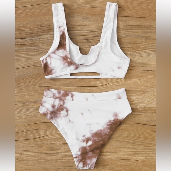 Brand New Tie Dye High Waisted Bikini Set White Brown 2-Piece Swimwear Bra Cups - Picture 3 of 16